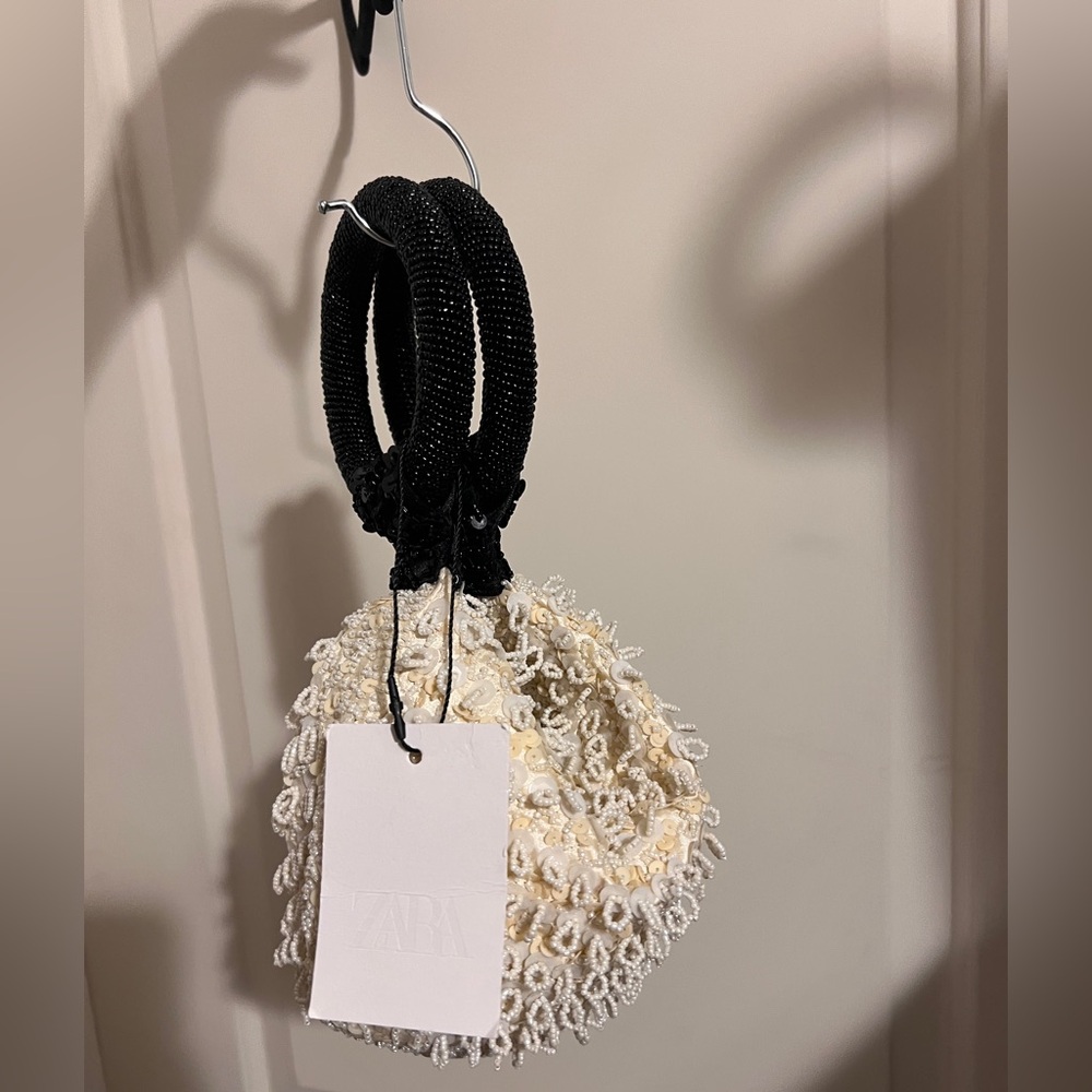 Zara Beaded Evening Mini Purse Tote Bag Cream Black Bridesmaid Wedding TikTok - Picture 12 of 13